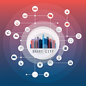 Colorful Smart City, Cloud Computing Design Concept with Icons - Digital Network Connections, Technology Background