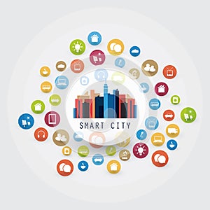 Colorful Smart City, Cloud Computing Design Concept with Icons - Digital Network Connections, Technology Background