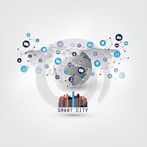 Colorful Smart City, Cloud Computing Design Concept with Icons - Digital Network Connections, Technology Background