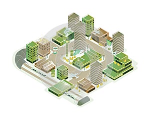 Colorful smart city isometric model vector illustration. Modern innovation cityscape infrastructure with technological