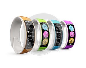 Colorful smart wristbands on white background