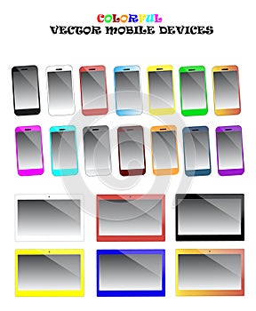 Colorful smartphones and tablets vector set