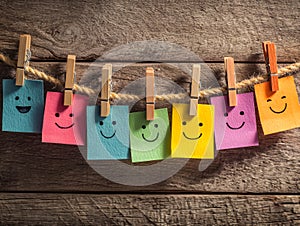 Colorful smiley notes displayed on a rustic string with clothespins against a wooden background
