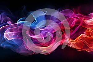 colorful smoke on a black background Empty background of black brick wall, neon light, smoke