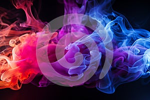 colorful smoke on a black background Empty background of black brick wall, neon light, smoke