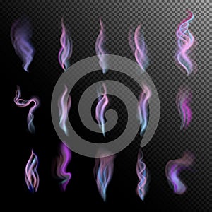 Colorful smoke on black background isolated. abstract realistic lilac violet blue smoke set. 3d illustration. vector