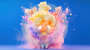 Colorful smoke exploding from a light bulb creating a vibrant and dynamic visual on a blue background