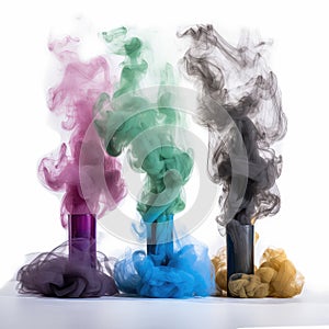 Colorful smoke in glass laboratory flasks, tubes on white background. Pink, magenta, blue, green, brown, black fume