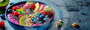 colorful smoothie bowl, topped with fresh fruit, nuts, and seeds, showcasing the vibrant colors and textures of the