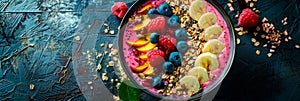 colorful smoothie bowl, topped with fresh fruit, nuts, and seeds, showcasing the vibrant colors and textures of the