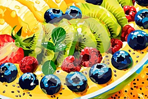 colorful smoothie bowl, topped with fresh fruit, nuts, and seeds, showcasing the vibrant colors and textures of the