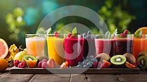 colorful smoothies in a row, biological heathy frozen kiwi, rasberry, mango, strawberry smoothies