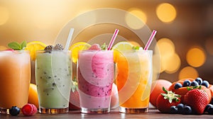 colorful smoothies in a row, biological heathy frozen kiwi, rasberry, mango, strawberry smoothies