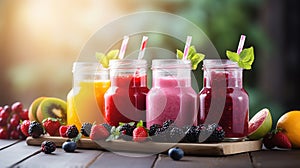 colorful smoothies in a row, biological heathy frozen kiwi, rasberry, mango, strawberry smoothies