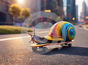 colorful snail rides a skateboard among the road in a big city. speed concept