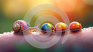 Colorful snails on a finger