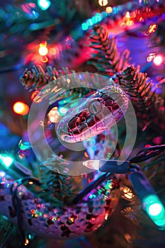 Colorful Snake Entwined in Festive Christmas Tree Lights