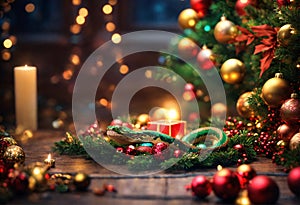 Colorful snake on table with beautiful decorated Christmas tree