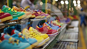 Colorful sneakers on conveyor belt in shoe factory