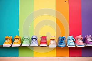 colorful sneakers lined up against a rainbow wall