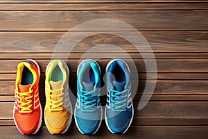 Colorful sneakers on wooden background with copy space. Top view. Vintage effect