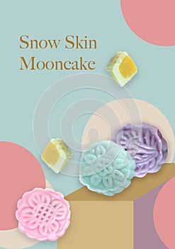 Colorful Snow Skin Mooncake on Pastel Color Background