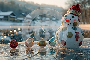 A colorful snowman with bright ornaments stands proudly in a magical winter landscape photo