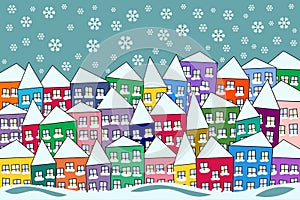 Colorful Snowy Village Winter Scene