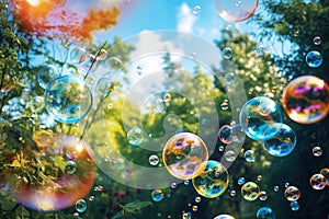 Colorful soap bubbles on the background of green grass