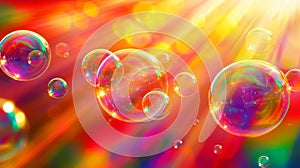 Colorful soap bubbles glowing in sunlight. concept of joy, playful summer, childhood wonder, magical moments, Background photo