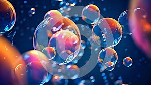 Colorful soap bubbles with reflection on a blue background.