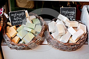 Colorful soaps with olive oil in a bazaar