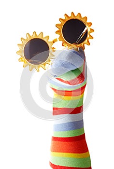 Colorful sock puppet with sunglasses