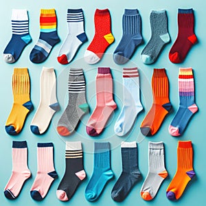 Colorful socks assortment on a blue backdrop