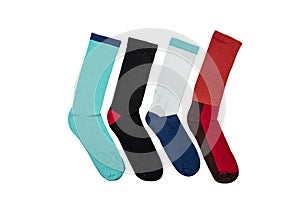 Colorful socks isolated on white background. Different colors of socks are red, green, yellow, blue, etc. winter accessories.