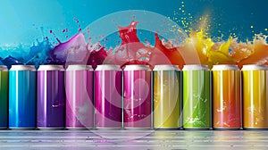 Colorful Soda Cans with Splashing Liquid. Generative ai