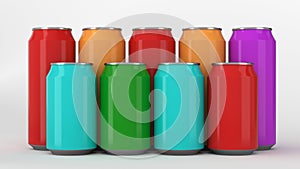 Colorful soda cans standing in two raws on white background