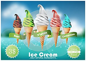 Colorful soft Ice cream in the cone, Different flavors on sea background, Vector illustration