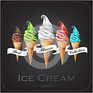 Colorful soft Ice cream in the cone, Different flavors, vintage style, Vector illustration