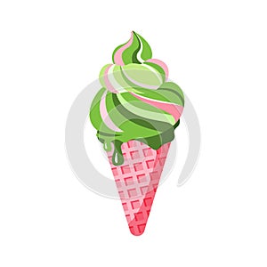 Colorful Soft Serve Ice Cream in Cone Isolated on White Background. Vector Illustration.