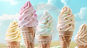 Colorful Soft Serve Ice Cream Cones Against Summer Sky