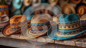 Barvitý sombrera linkovaný nahoru na dřevěný police reflexní mexičan tradice 
