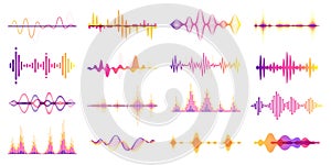 Colorful sound waves, audio frequency graph, voice wave. Abstract soundwave, futuristic radio signal frequency, studio