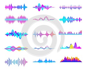 Colorful sound waves. Audio signal wave, color gradient music waveforms and digital studio equalizer vector set