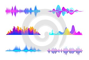 Colorful sound waves. Audio signal wave, color gradient music waveforms and digital studio equalizer vector set