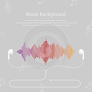Colorful sound waves with headphones on a gray background and copy space