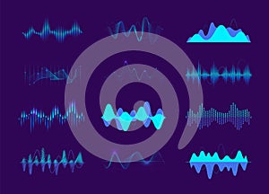 Colorful sound waves. Music rhythm and melody curve, audio waveforms and sound level, music studio backdrop elements