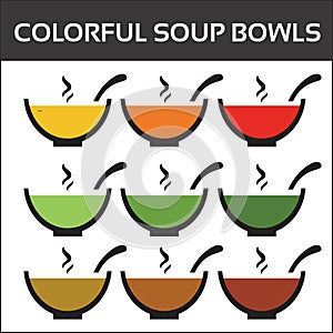 Colorful Soup Bowls Vector on White Background