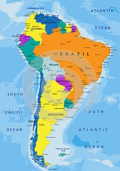 Colorful South America political map with clearly labeled, separated layers.