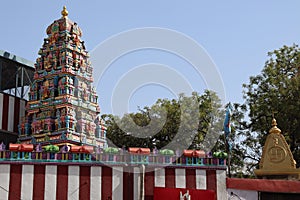 Colorful South Indian Hindu temple located on the main street in Little India and in Chennai.